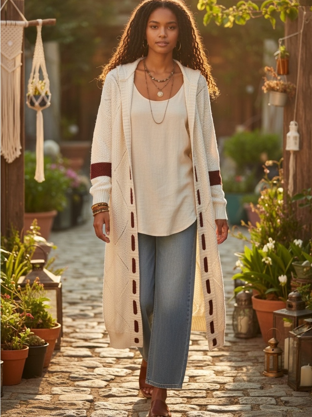 Long Cream Open-Front Boho Hooded Cardigan with Brown Accents